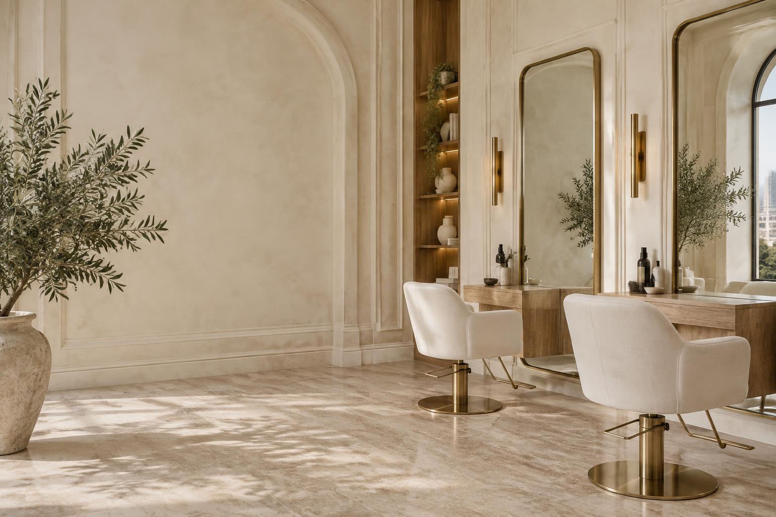Luxury salon with ivory chairs and brass mirrors