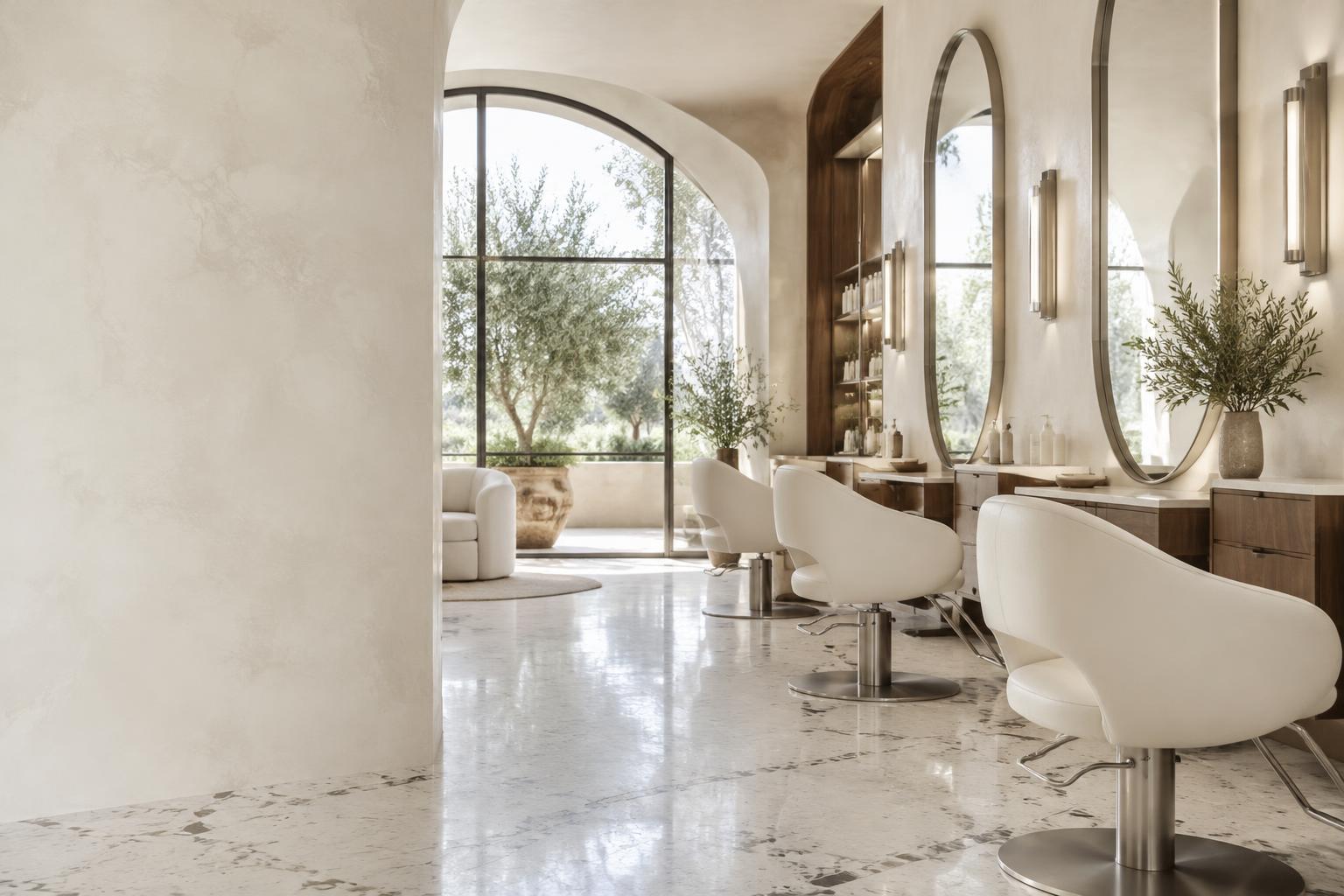 Modern salon with sculptural white chairs and marble flooring
