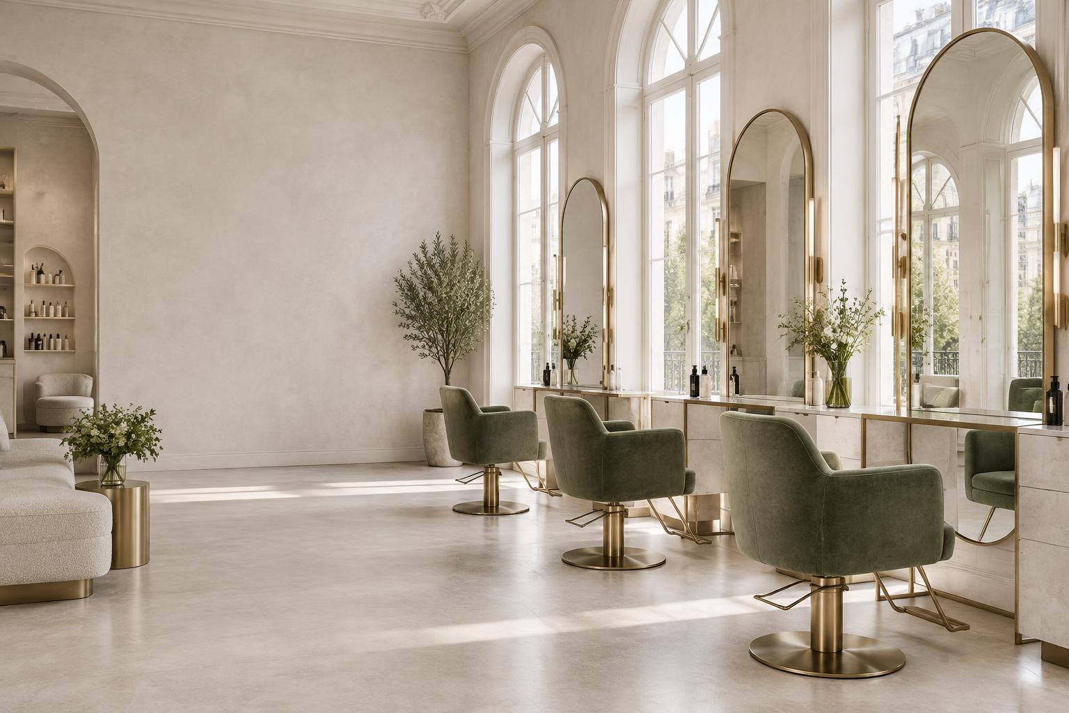 Elegant salon with sage chairs and tall arched windows